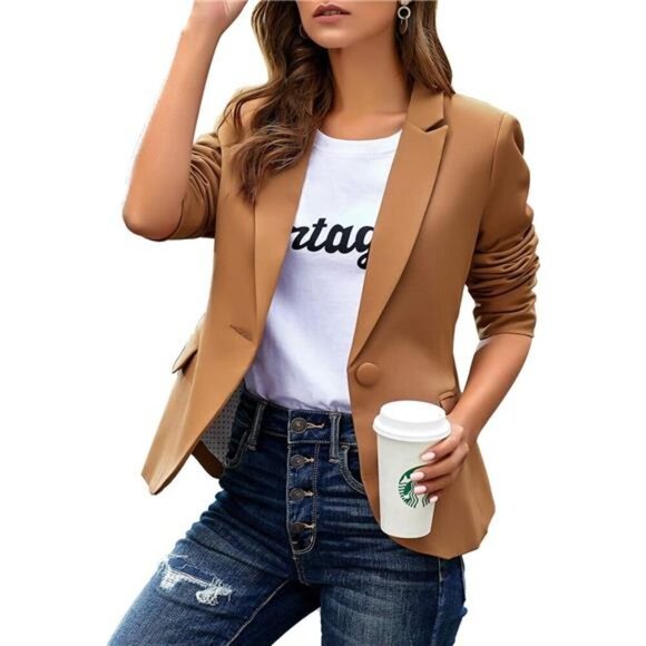 Women's Long Sleeve Formal Blazer Jacket Camel - Picture 3 of 4